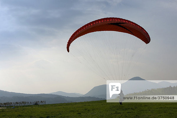 Paraglider practicing on a meadow  Geilweilerhof  southern Palatinate region  Rhineland-Palatinate  Germany  Europe