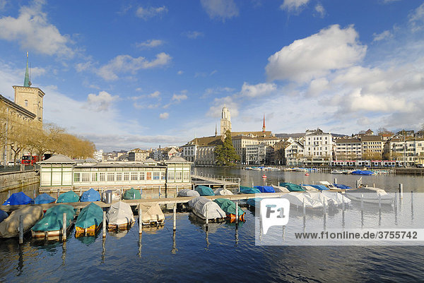 Zuerich - Jetty at the riverside of the Limmat and the historical Frauenbad - Switzerland Europe.