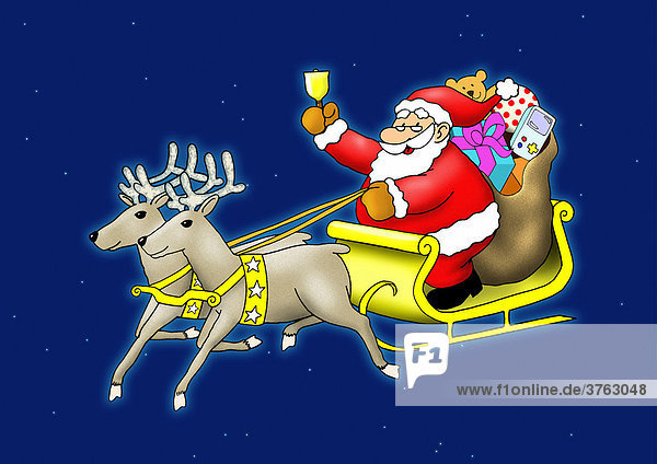Weihnachtsmann bringt Geschenke mit dem fliegenden Rentierschlitten  Illustration