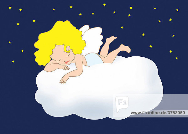 Ein kleiner Engel schläft auf einer Wolke  Illustration
