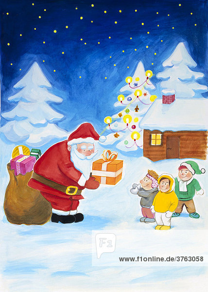 Santa Claus hands gifts to children  illustration