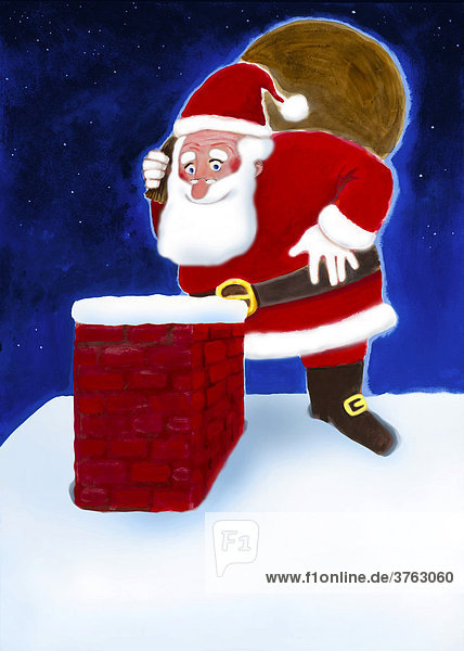 Weihnachtsmann auf dem Dach  schaut in den Schornstein  Illustration