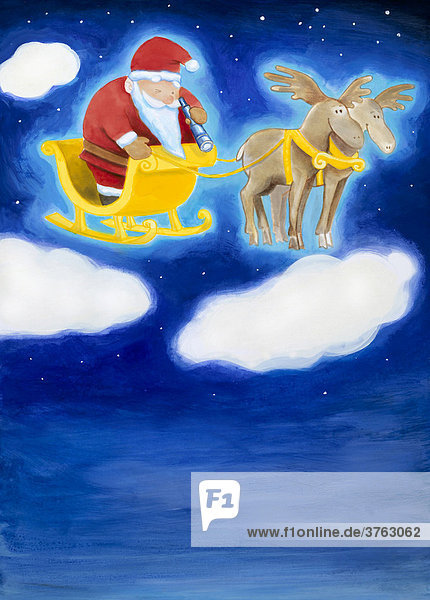 Weihnachtsmann mit seinem Schlitten auf Wolken  Illustration