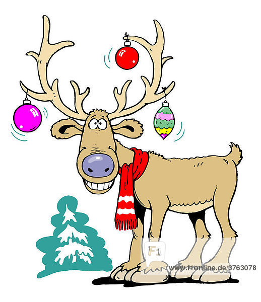 Fröhliches Rentier mit Weihnachtsbaumkugeln im Geweih  Illustration