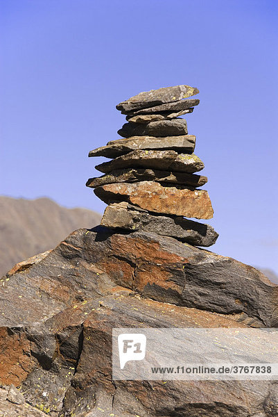 Stone man as track marker at Stubai Valley  Tyrol  Austria