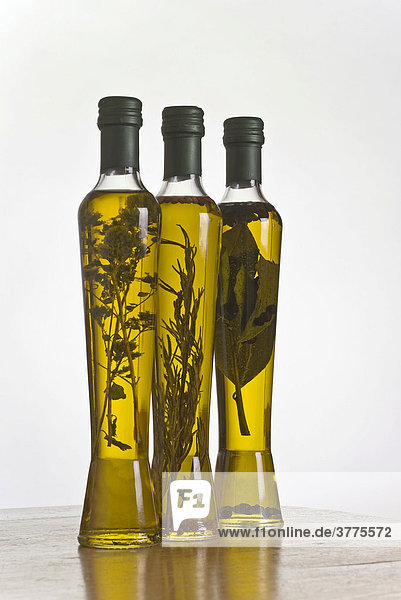 Olivenöl mit eingelegten Kräutern (Rosmarin und roter Pfeffer  Lorbeer und Wacholder  Oregano)