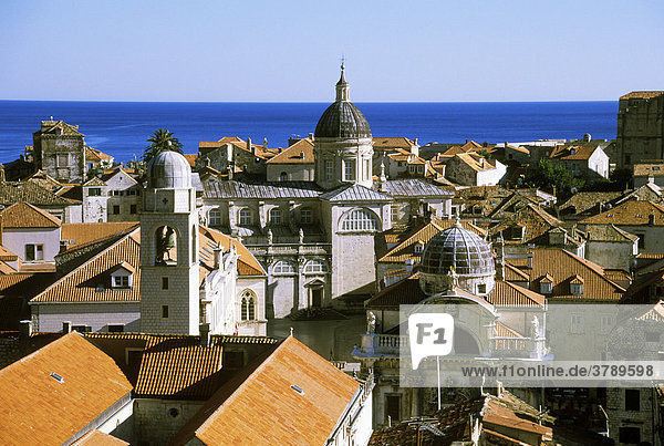 Dubrovnik south Dalmatia Croatia from the city wall over the old town to church St. Blasius clock tower and cathedral
