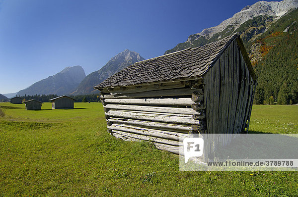 Cabins barns in the Leutasch valley near Seefeld Tyrol Austria