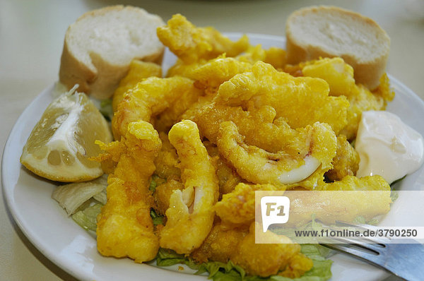 Fritierte Tintenfischringe, calamares, Altea, Costa Blanca, Spanien