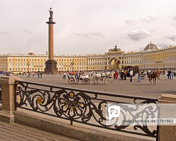 White Nights  GUS Russia St. Petersburg 300 years old Venice of the North Alexander Column Architect Auguste Montferrand built in 1834 with Horse Vehicle and Visitors and Tourists