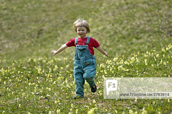 One three-year-old girl running down a meadow in spring