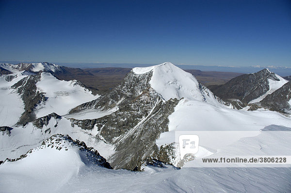 Glaciers and mountain peaks in the mountain scenery of Turgen Uul Kharkhiraa Mongolian Altai near Ulaangom Uvs Aymag Mongolia