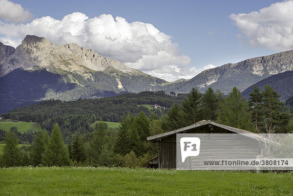 Wooden hut on a meadow behind the mountain range Rosengarten  Deutschnofen  Eggen valley  South Tyrol  Italy