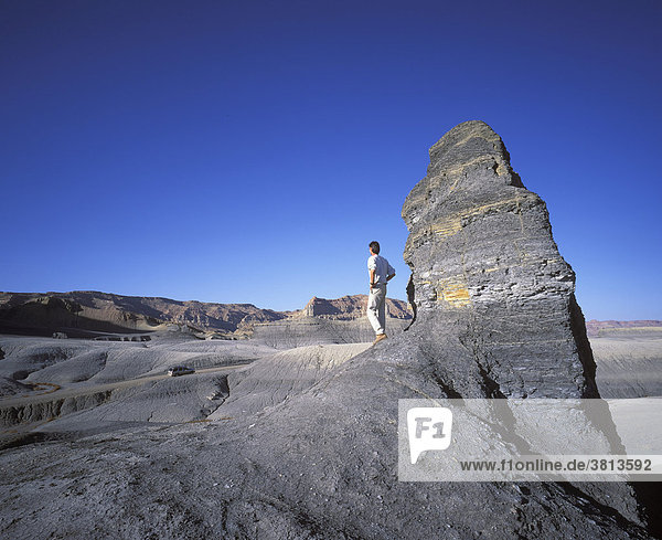 Mann steht auf Erosionsformen in Glen Canyon National Recreation Area  Utah  USA