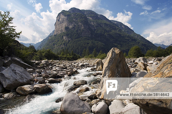 The mountain brook Verzasca near Brione in the Verzasca valley  canton Tessin  Switzerland
