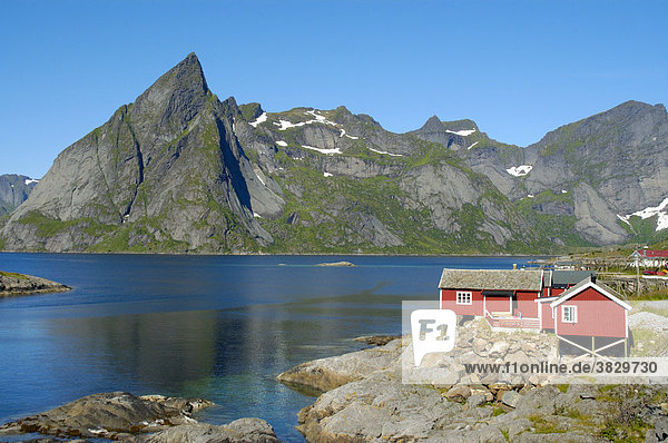 Einzelnes rotes Holzhaus Berge und Fjord Hanmöya Moskenesöya Lofoten Norwegen Holzhaus