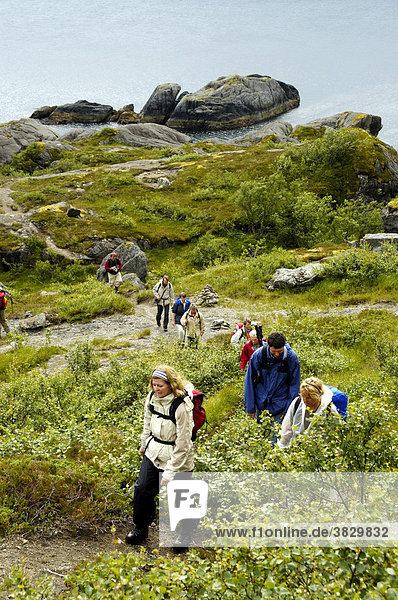 MR Hikers on a coastal path near Nusfjord Flakstadoya Lofoten Norway