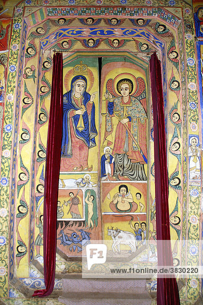 Ethiopian Orthodox Christianity colourful old wall paintings at monastery Uhra Kidane Mehret in the Tana Lake near Bahir Dar Ethiopia