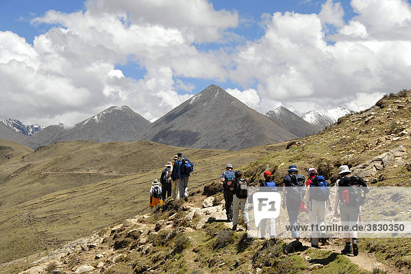 Trekking group on the old pilgrim path from Ganden Monastery to Samye Tibet China