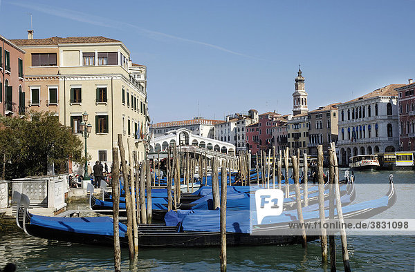 Blau zugedeckte Gondeln am Canale Grande mit Rialto Brücke im Hintergrund in Venedig Italien