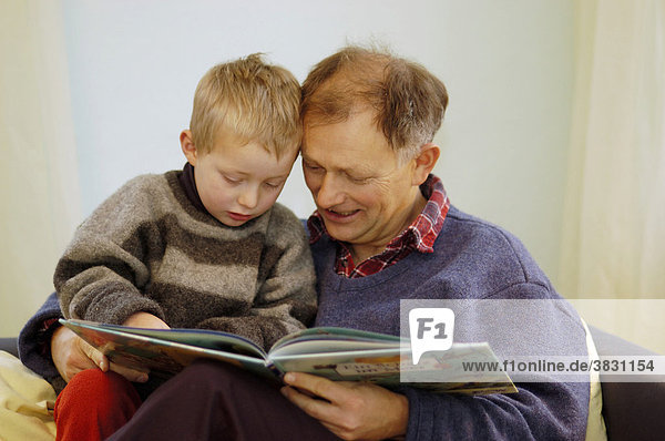 Kleiner fünf Jahre alter Junge bekommt von seinem Vater aus einem Bilderbuch vorgelesen