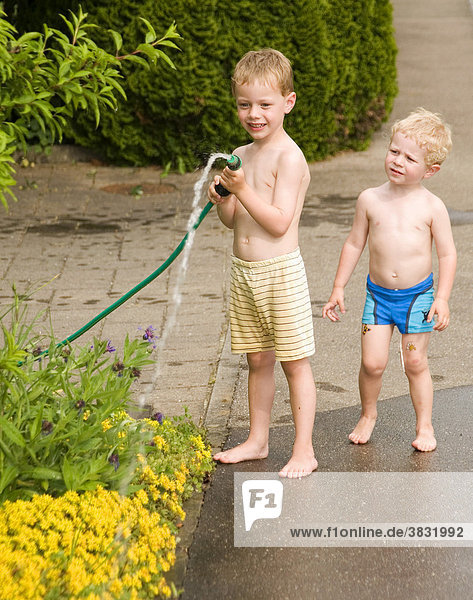 Two little boys water some flowers