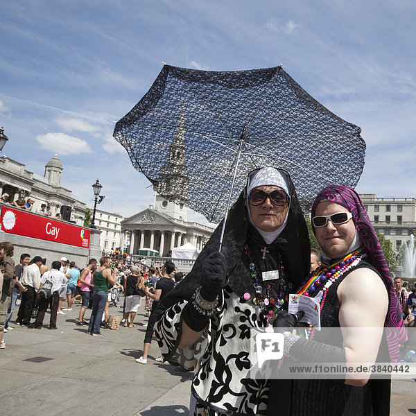 Two gay men dressed as nuns in Trafalgar Square  Pride London 2010  Gay Love Parade  London  England  United Kingdom  Europe