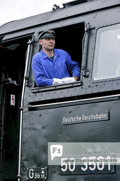 Driver of class 50 steam locomotive no. 50 3501 at the German Steam Locomotive Museum  Neuenmarkt  Franconia  Bavaria  Germany  Europe