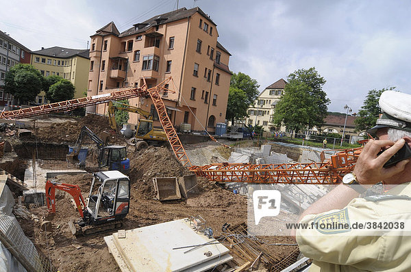 Construction crane has fallen into a building pit  Plochingen  Baden-Wuerttemberg  Germany  Europe