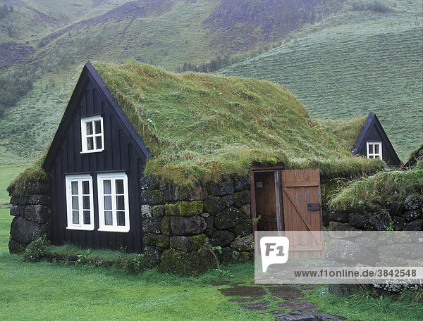 Häuser mit Dächern aus Grassoden  Grassodenhäuser  Skoga  Süd-Island  Europa