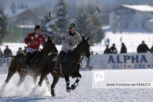 Polo players fighting for the ball  Matias Maiquez of Team Drettmann Group  chased by Marty van Scherpenzeel of Team Audi  Snow Arena Polo World Cup 2009 polo tournament  Kitzbuehel  Tyrol  Austria  Europe
