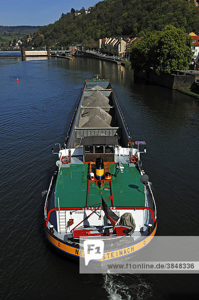 Loaded barge on the Neckar river near Heidelberg  Baden-Wuerttemberg  Germany  Europe
