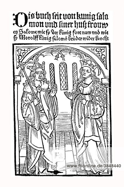 Nachbildung des Titels des ältesten Drucks des Volksbuchs Salomon und Morolff  historische Abbildung aus Deutsche Literaturgeschichte von 1885
