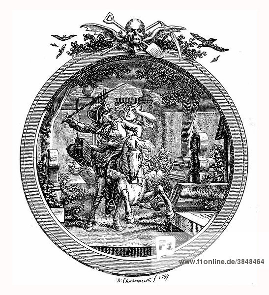 Kupfer Chodowieckis zu Bürgers Lenore  Titelvignette 1789  historische Abbildung aus Deutsche Literaturgeschichte von 1885