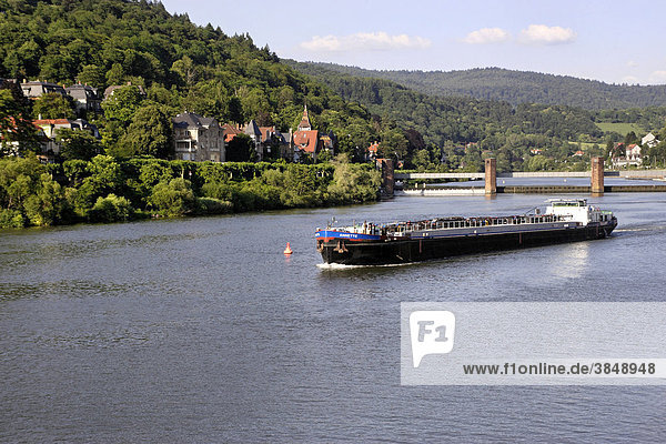 Cargo boat on the Neckar river  Heidelberg  Baden-Wuerttemberg  Germany  Europe