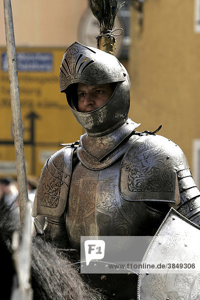 Knight in armour at the Saint George horse parade  Traunstein  Upper Bavaria  Germany  Europe