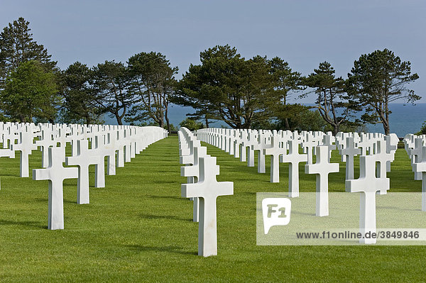 Kreuze  Marmor  amerikanischer Soldatenfriedhof am Omaha Beach bei Colleville sur Mer  Normandie  Frankreich  Europa