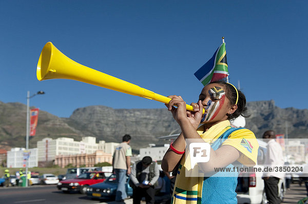 South African fan with vuvuzela at the FIFA World Cup 2010  Cape Town  Western Cape  South Africa  Africa