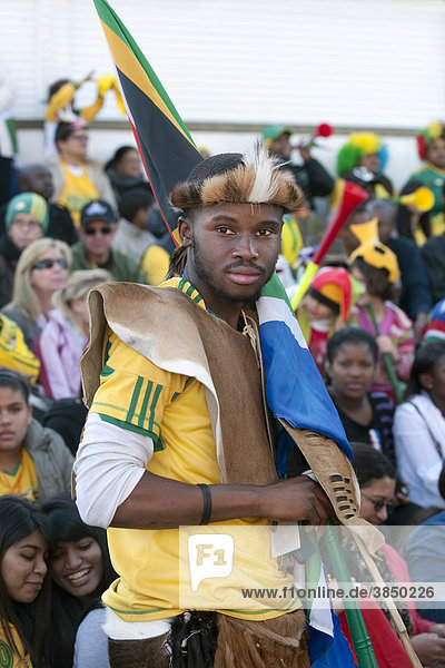 Football supporter dressed as a warrior at public viewing  Cape Town  South Africa  Africa