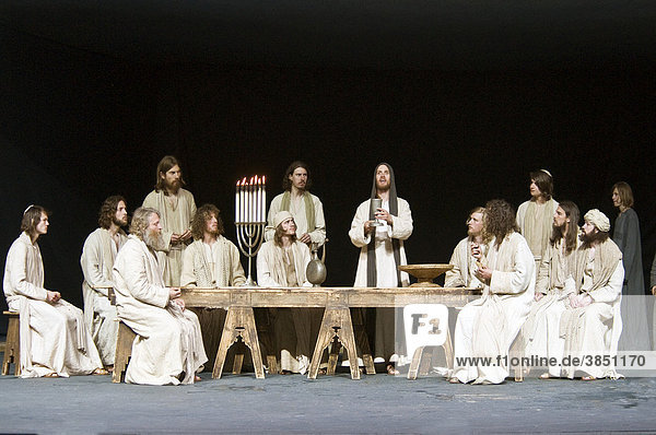 Jesus passes the wine  Last Supper  Passionsspiele 2010 Passion Play  Oberammergau  Bavaria  Germany  Europe