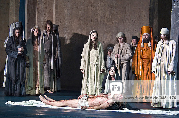 Jesus  having been taken off the cross  is mourned by Mary  Mary Magdalene and his disciples  Oberammergau Passion Play  Bavaria  Germany  Europe