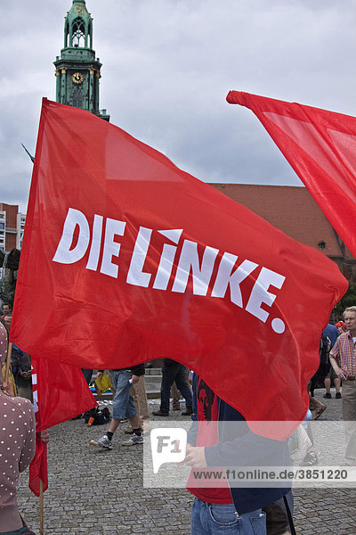 Flagge der Partei Die Linke auf der Demonstration Wir zahlen nicht für eure Krise  am 12.06.2010 vor dem Roten Rathaus  Alexanderplatz  Berlin  Deutschland  Europa
