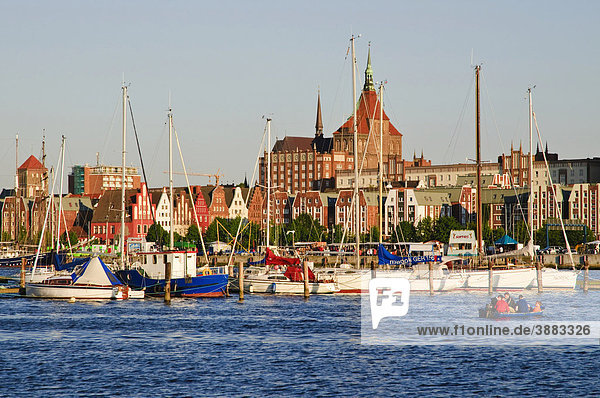 Old town with the Marienkirche church  Warnow river and harbour  Rostock  Mecklenburg-Western Pomerania  Germany  Europe