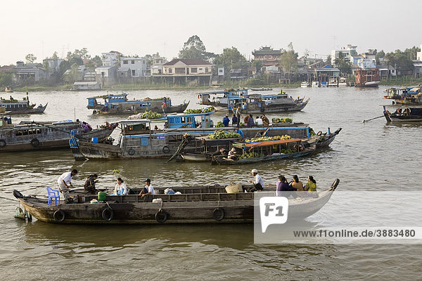 Floating market at town of Chau Doc  An Giang Province  Mekong Delta Region  Vietnam
