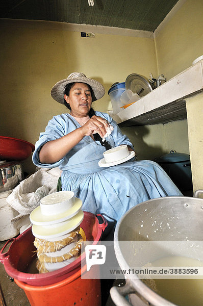Frau bei Produktion von Frischkäse im Penas Tal  Departamento Oruro  Bolivien  Südamerika