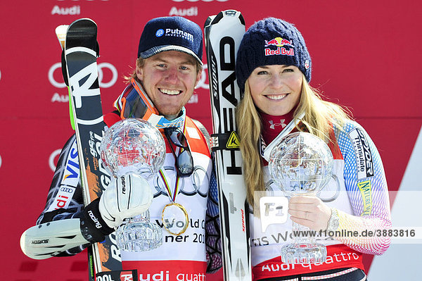 Ted Ligety und Lindsey Vonn  USA  Siegerehrung  FIS-Weltcupfinale  2010  Garmisch-Partenkirchen  Bayern  Deutschland  Europa
