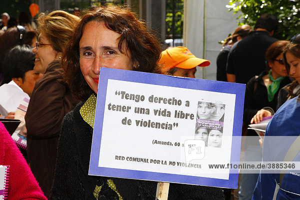 Woman holding a poster  anti-violence demonstration of woman  ConcepciÛn  Chile  South America