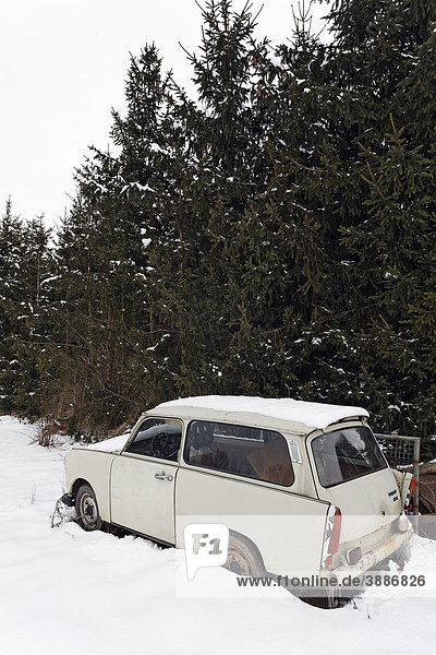 Ausrangierter Trabant 600 S  abgestellt im Schnee unter Tannen  Harz  Sachsen-Anhalt  Deutschland  Europa
