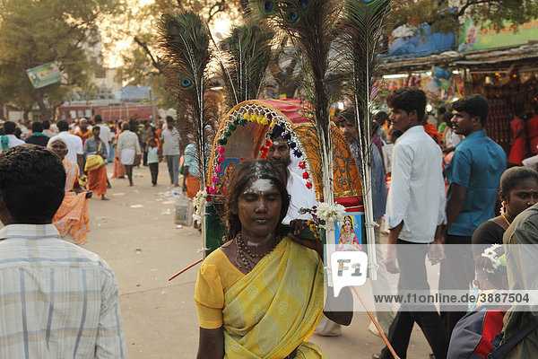 Woman with kavadi  Thaipusam Festival  Hindu festival  Palani  Tamil Nadu  Tamilnadu  South India  India  Asia