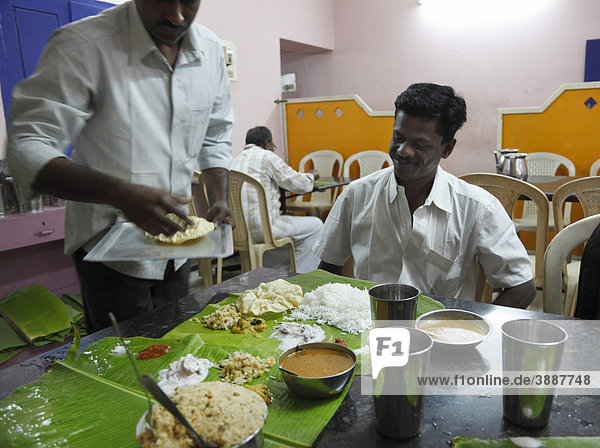 Reis mit Soßen auf Bananenblatt  typisch indische Mahlzeit  einfaches Restaurant  Udumalaipettai  Tamil Nadu  Tamilnadu  Südindien  Indien  Südasien  Asien